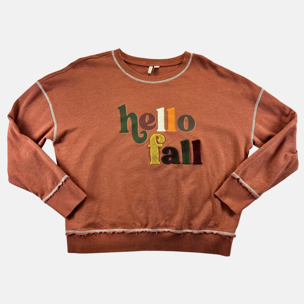 Cato Hello Fall Graphic Sweatshirt Rust Orange Raw Edge Seam Pullover Large